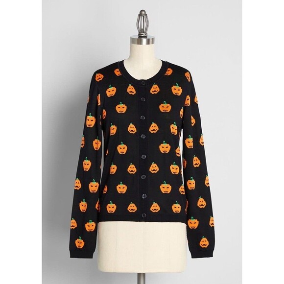 Modcloth Black Pumpkin Patch Party Cardigan Size MEDIUM Halloween Jacko Lantern - Picture 1 of 7
